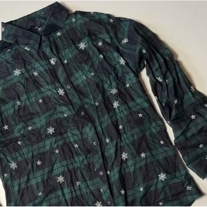 1 Bliss Lane Winter Plaid Button Up Blouse Sz L Green/Blue Snowflake Viscose Top